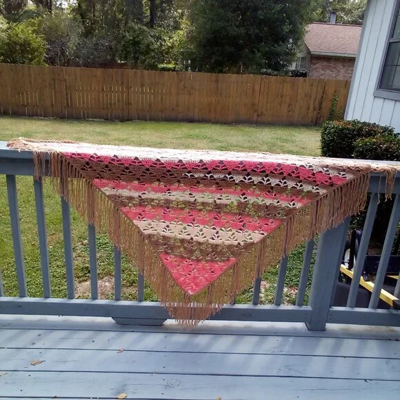 Handed Crafted Crochet Shawl, Color Tan, Cream and Coral, One size fit most. - Picture 6 of 6